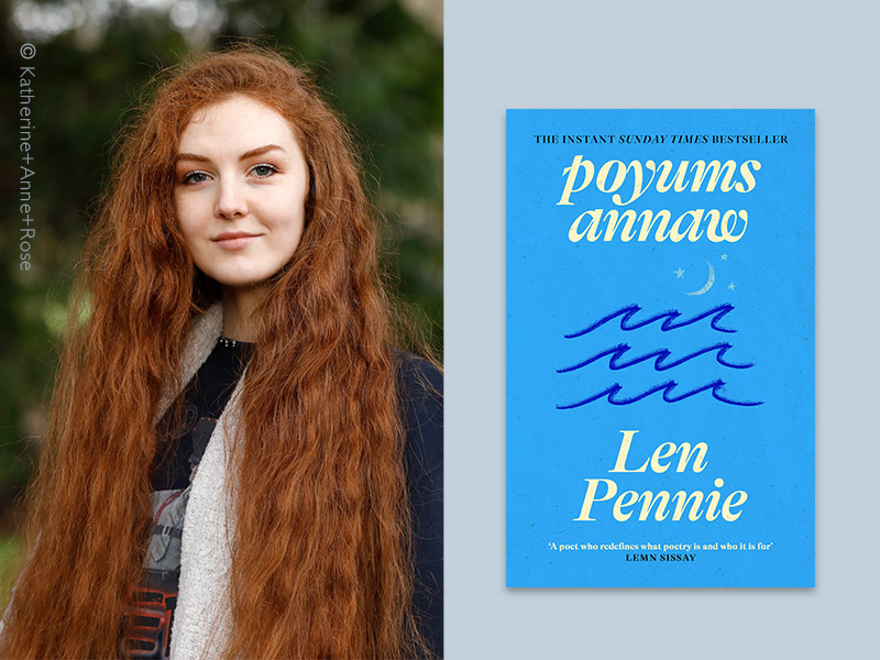 Portrait of poet Len Pennie alongside the cover of her book poyums annaw
