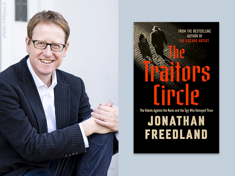 Jonathan Freedman portrait by Philippa Gedge alongside the book jacket for The Traitor Circle
