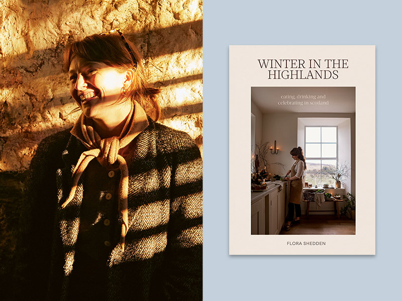 Author Flora Shedden alongside the cover of her 4th cook Winter in the Highlands
