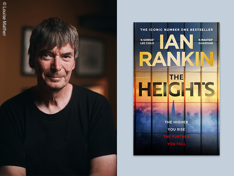 Ian Ranking portrait alongside the book jacket of his novel 'The Heights'